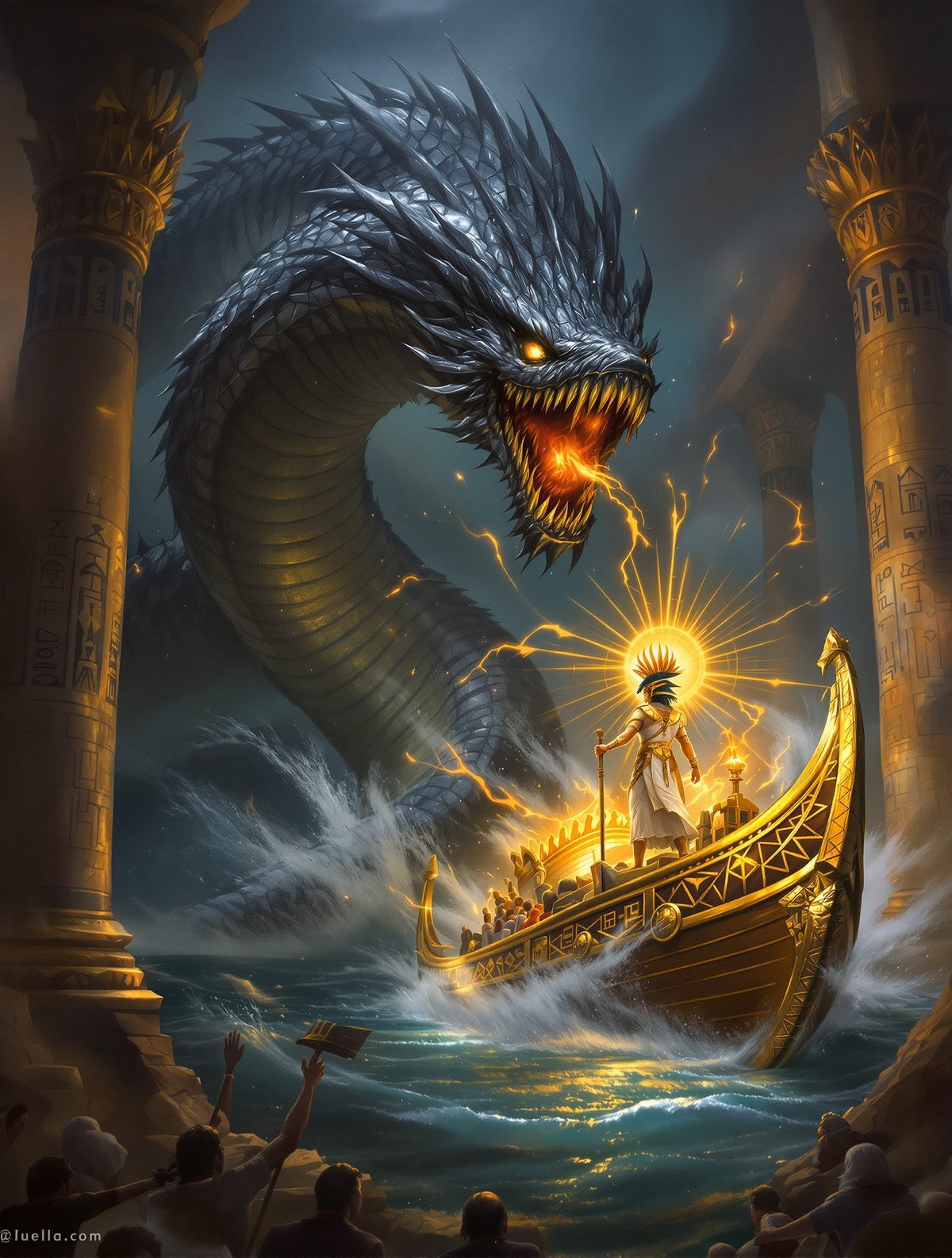 Apep the serpent devours Ra's solar barge in eternal darkness