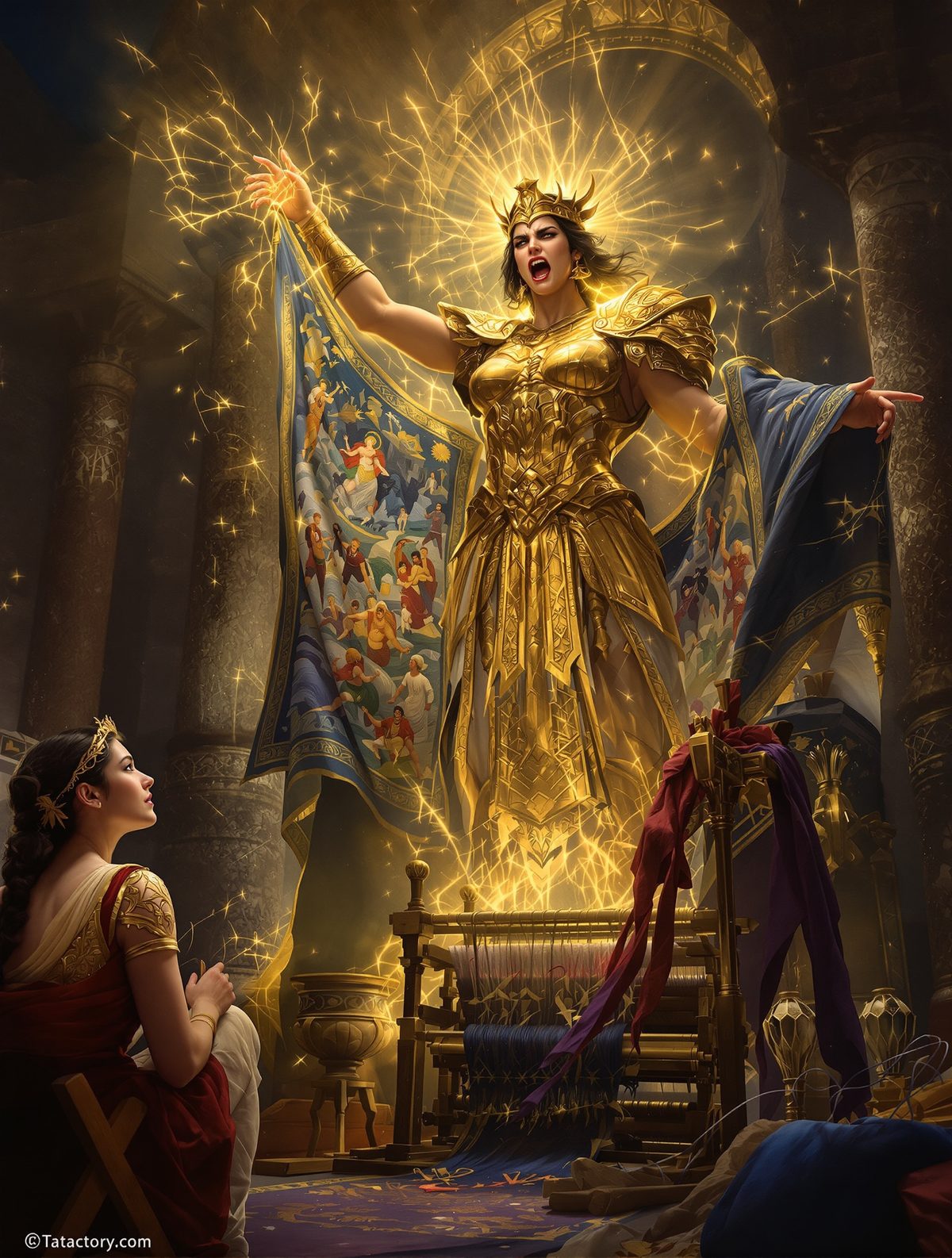 Arachne weaves so beautifully that Athena destroys her tapestry in rage