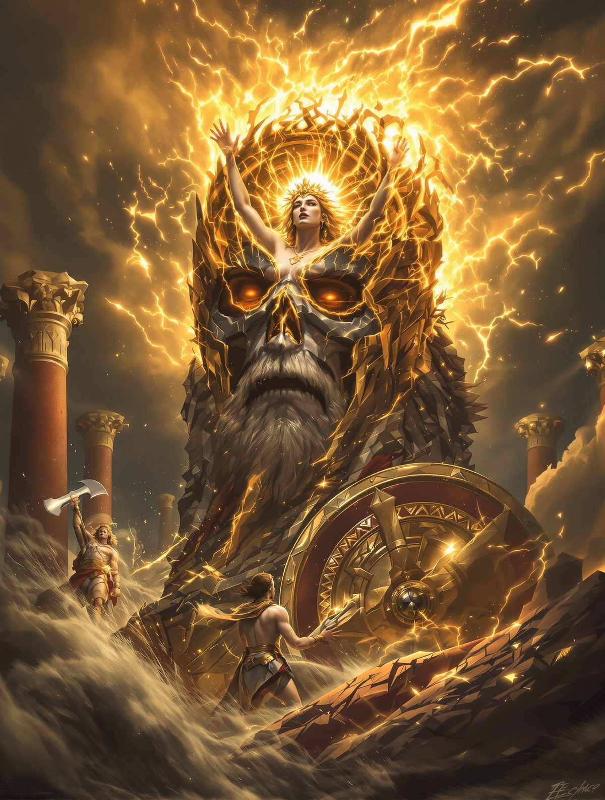 Athena bursts fully armed from Zeus's split skull