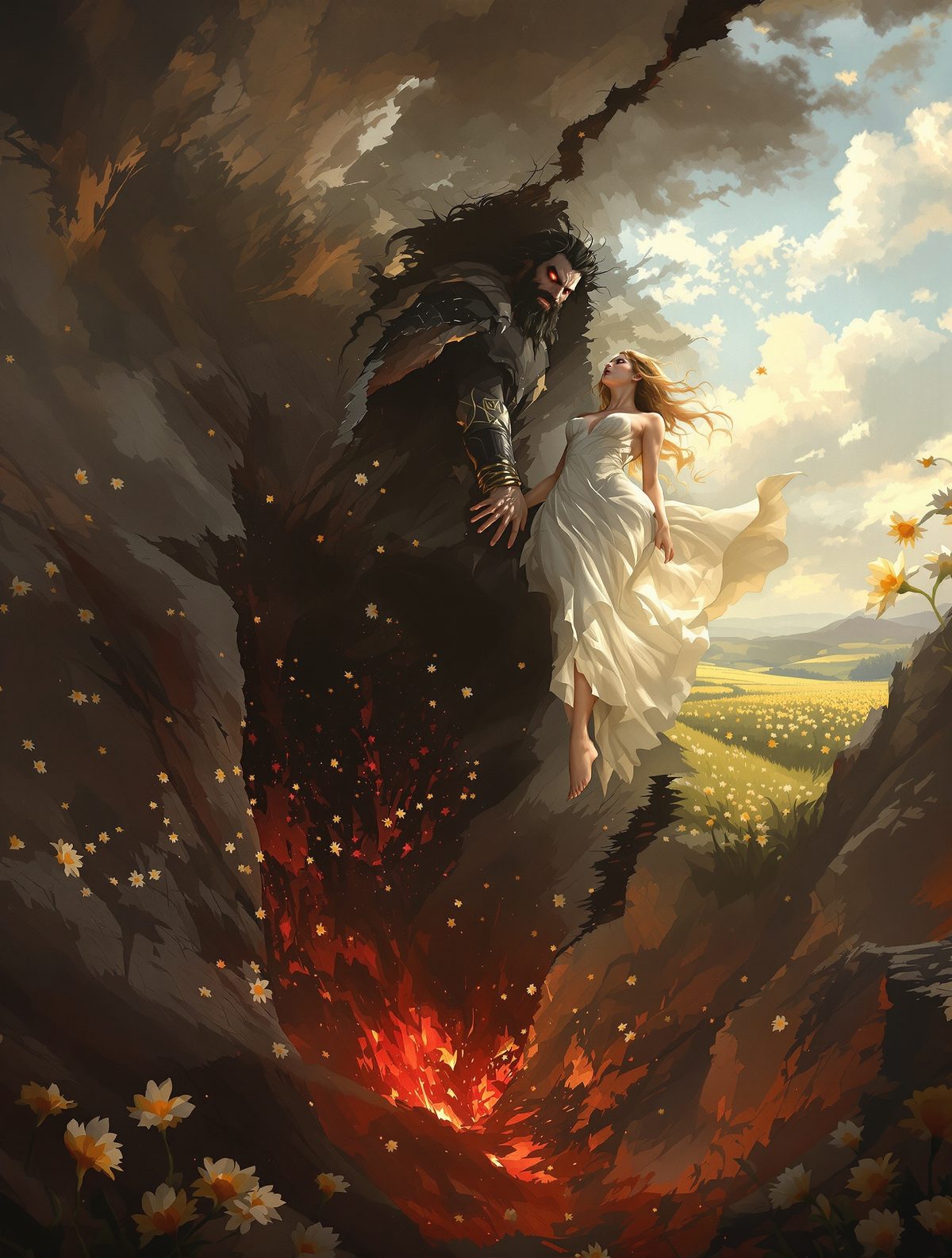 Hades kidnaps Persephone while she picks flowers in an innocent meadow