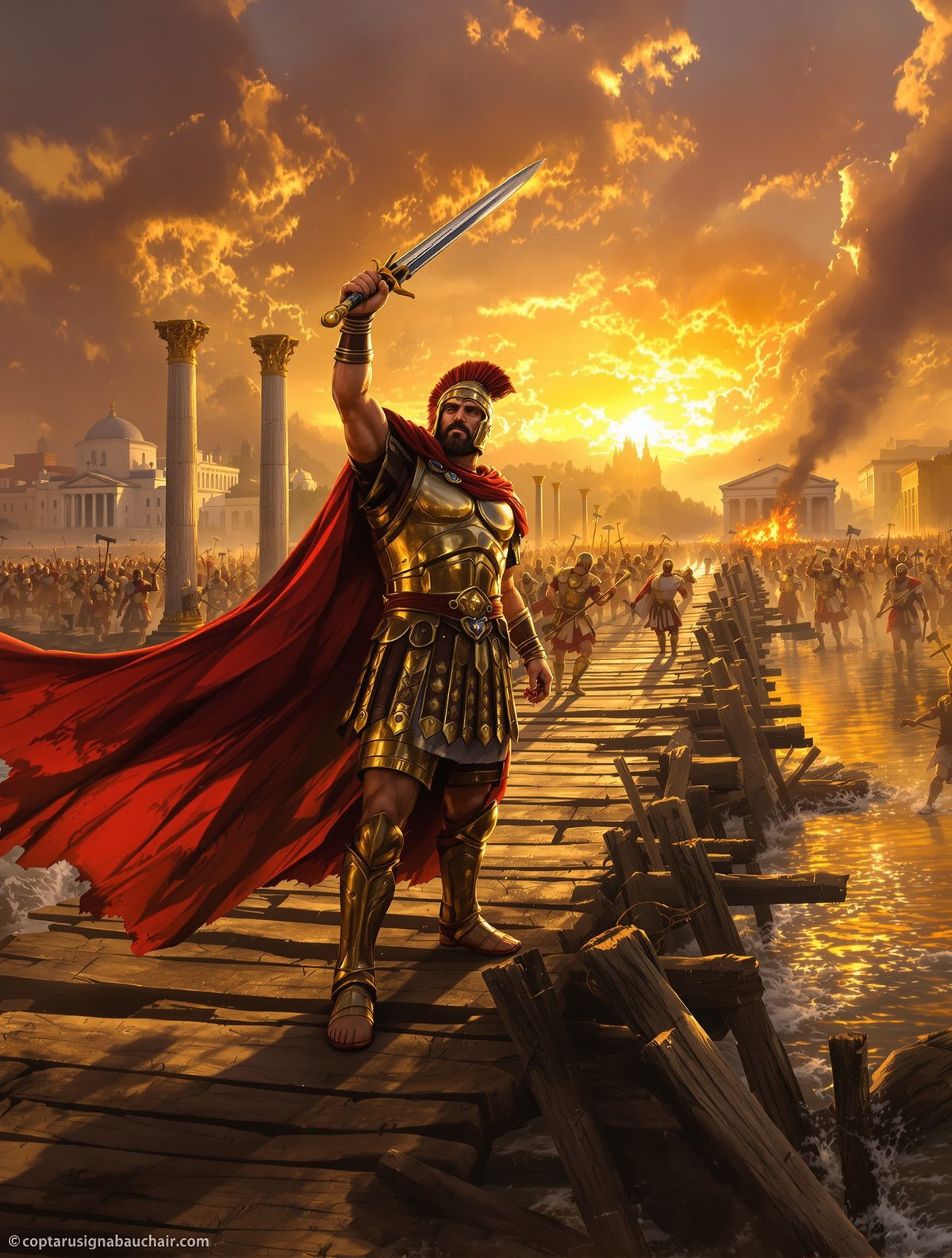 Horatius holds the bridge alone against an entire enemy army