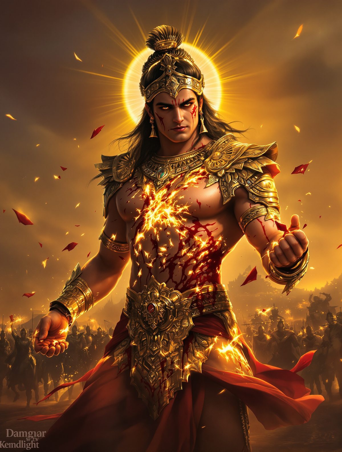 Karna discovers his divine armor is fused to his flesh