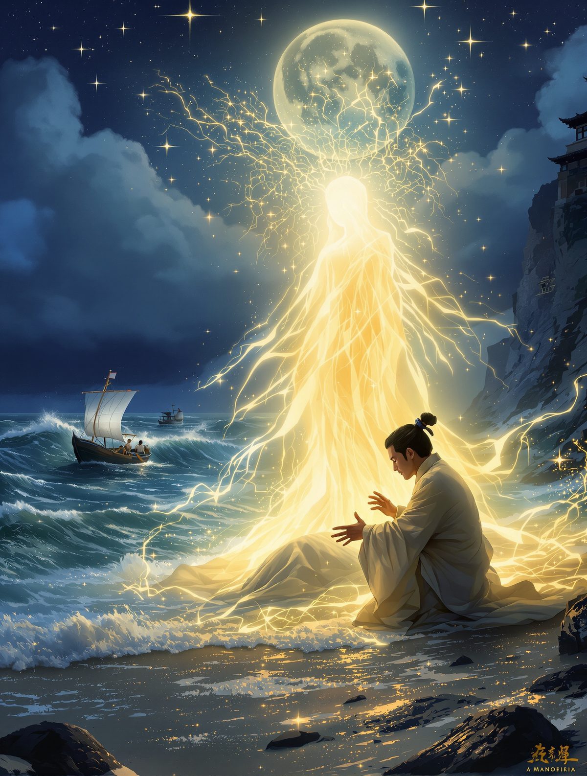 Mazu's father finds her body glowing with divine light after she drowns