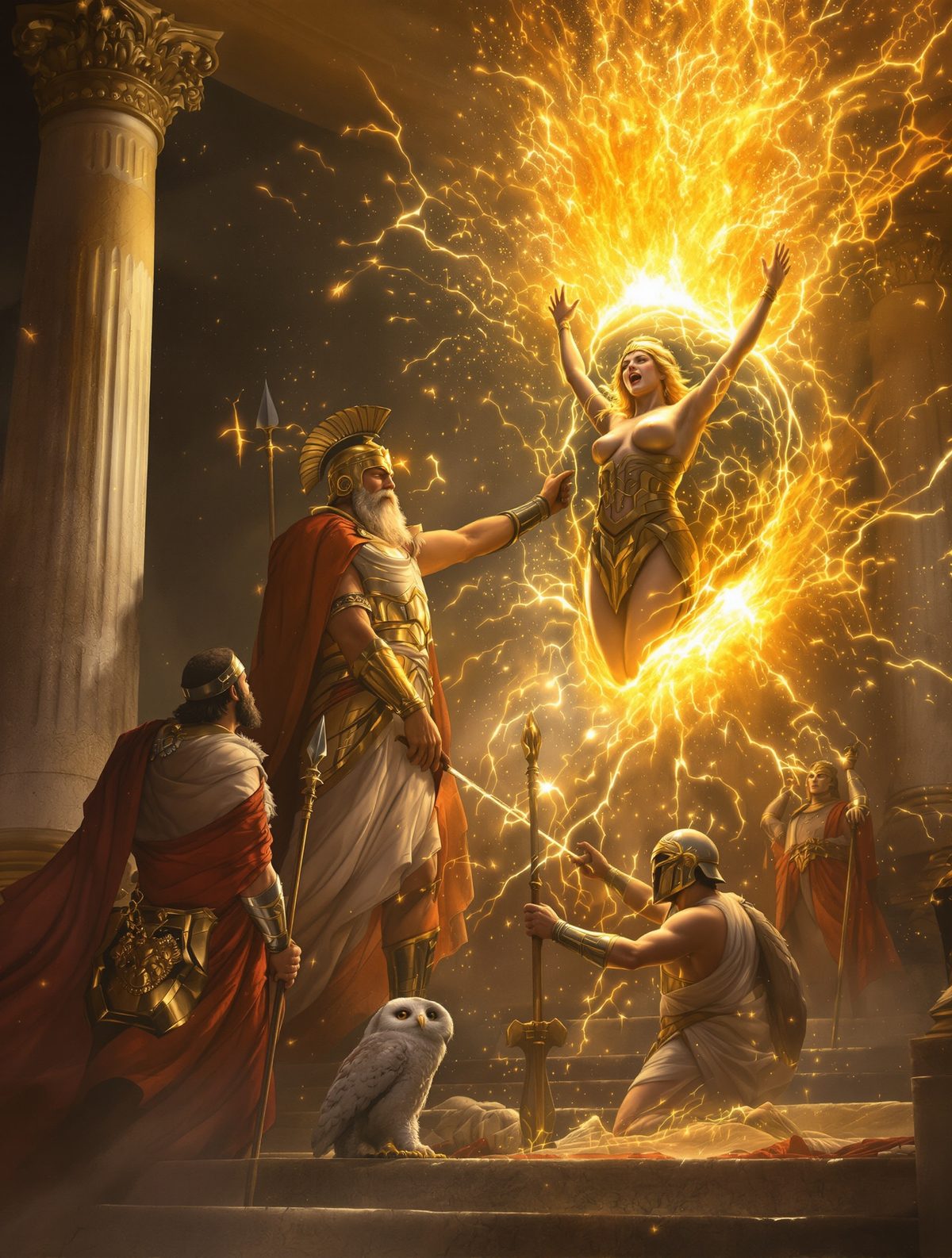 Minerva springs fully grown from Jupiter's split skull