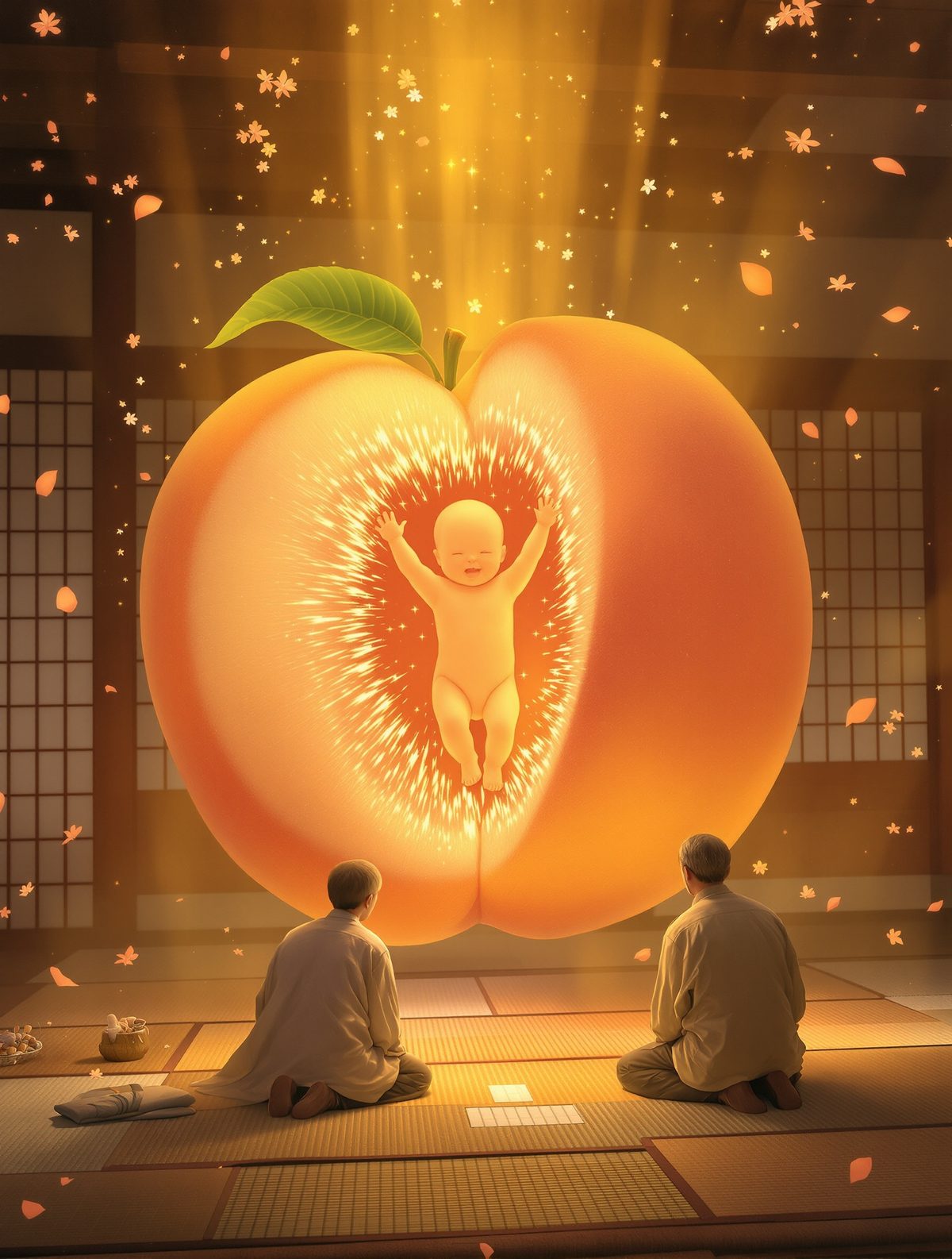 Momotaro emerges from a giant peach to become Japan's greatest hero