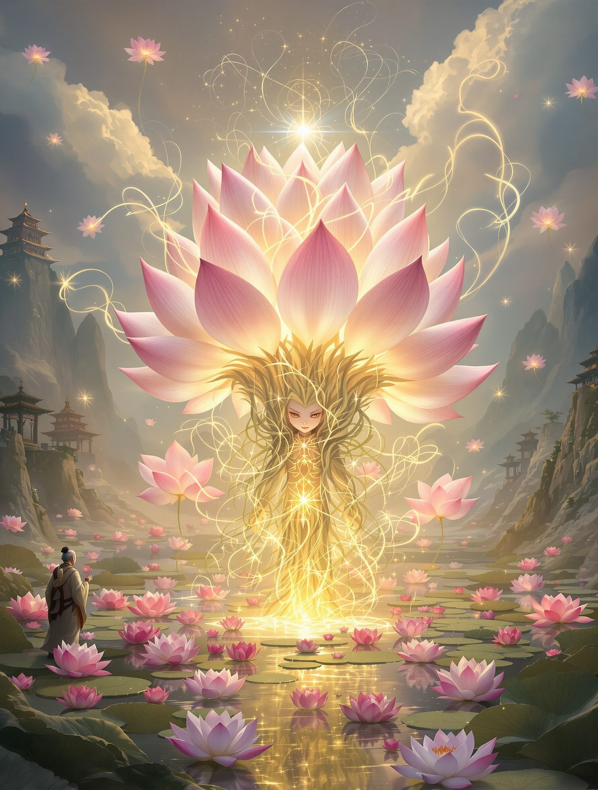 Nezha builds a new body from lotus flowers after his suicide