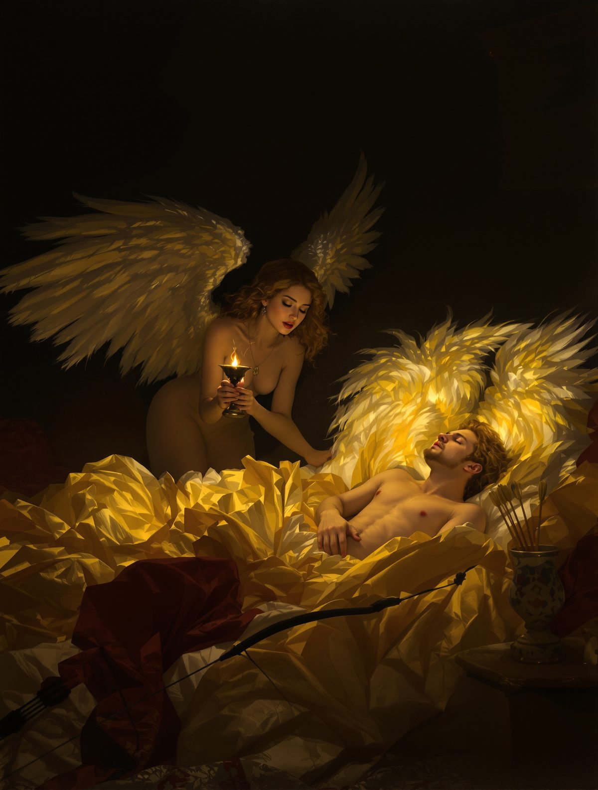 Psyche holds a lamp over sleeping Cupid and breaks the ultimate taboo