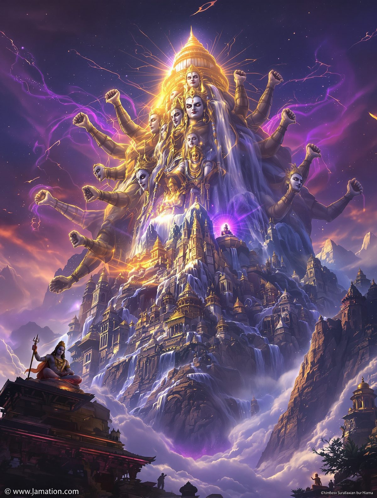 Ravana lifts Mount Kailash with his twenty arms to impress Shiva