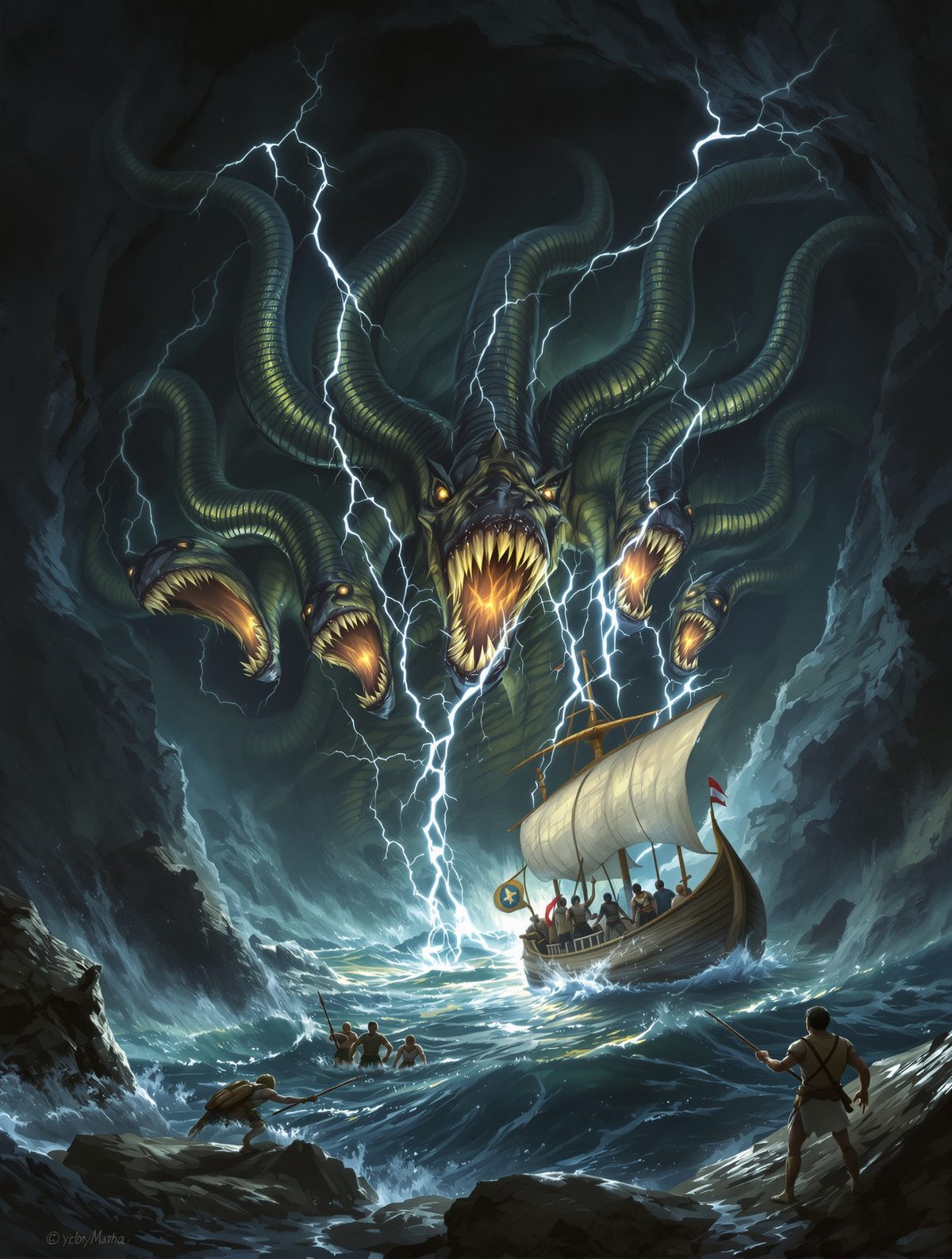 Scylla's Six Mouths Devour Odysseus's Men — One Bite Each