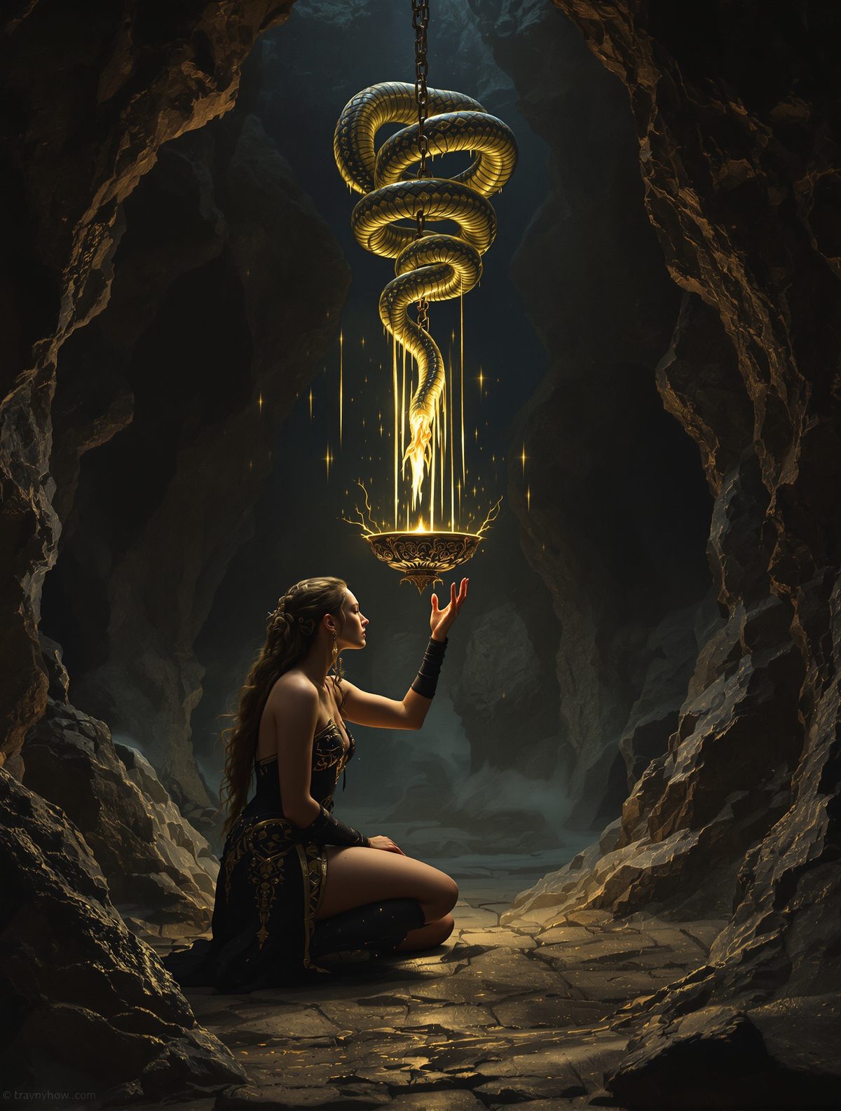 Sigyn holds a bowl above Loki as serpent venom drips on his face
