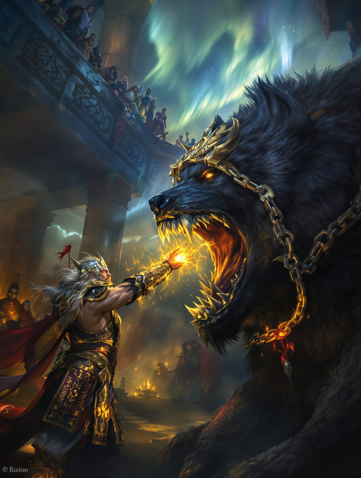 Tyr sacrifices his hand to chain the wolf that will devour Odin