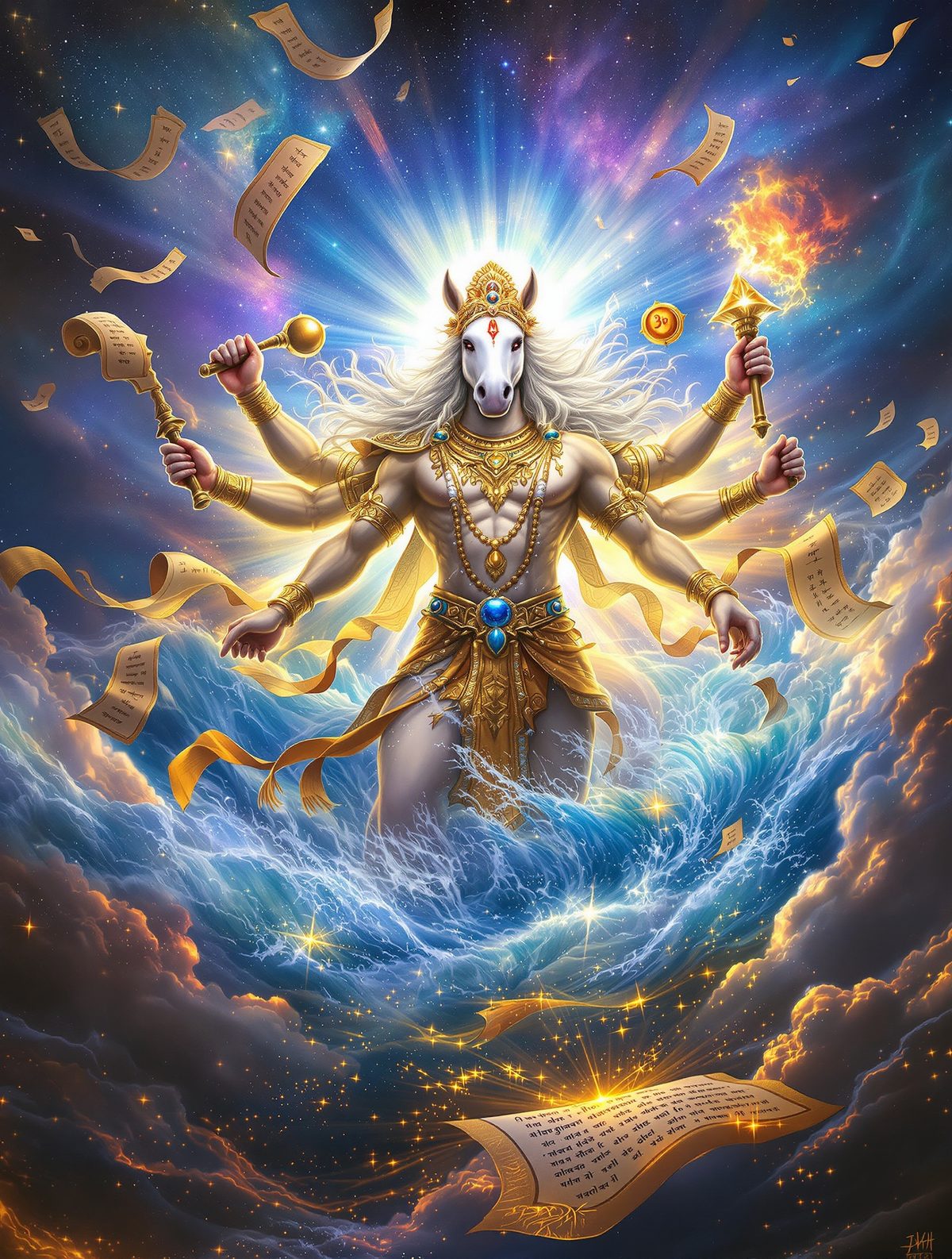 Vishnu awakens to destroy the demon who stole the Vedas from Brahma